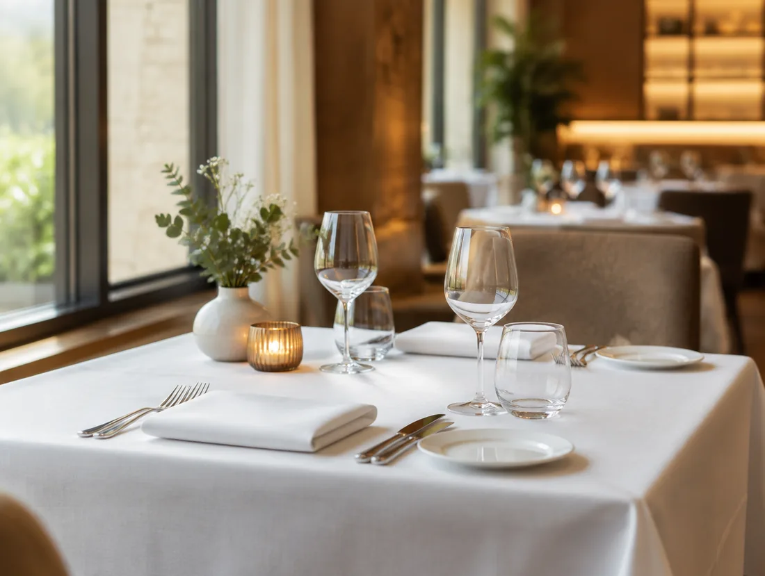 Gastronomie: Tischdecken, Servietten und Küchentextilien. Fleckenbehandlung ist im Preis enthalten, weil Rotwein und Fett zum Geschäft gehören.
