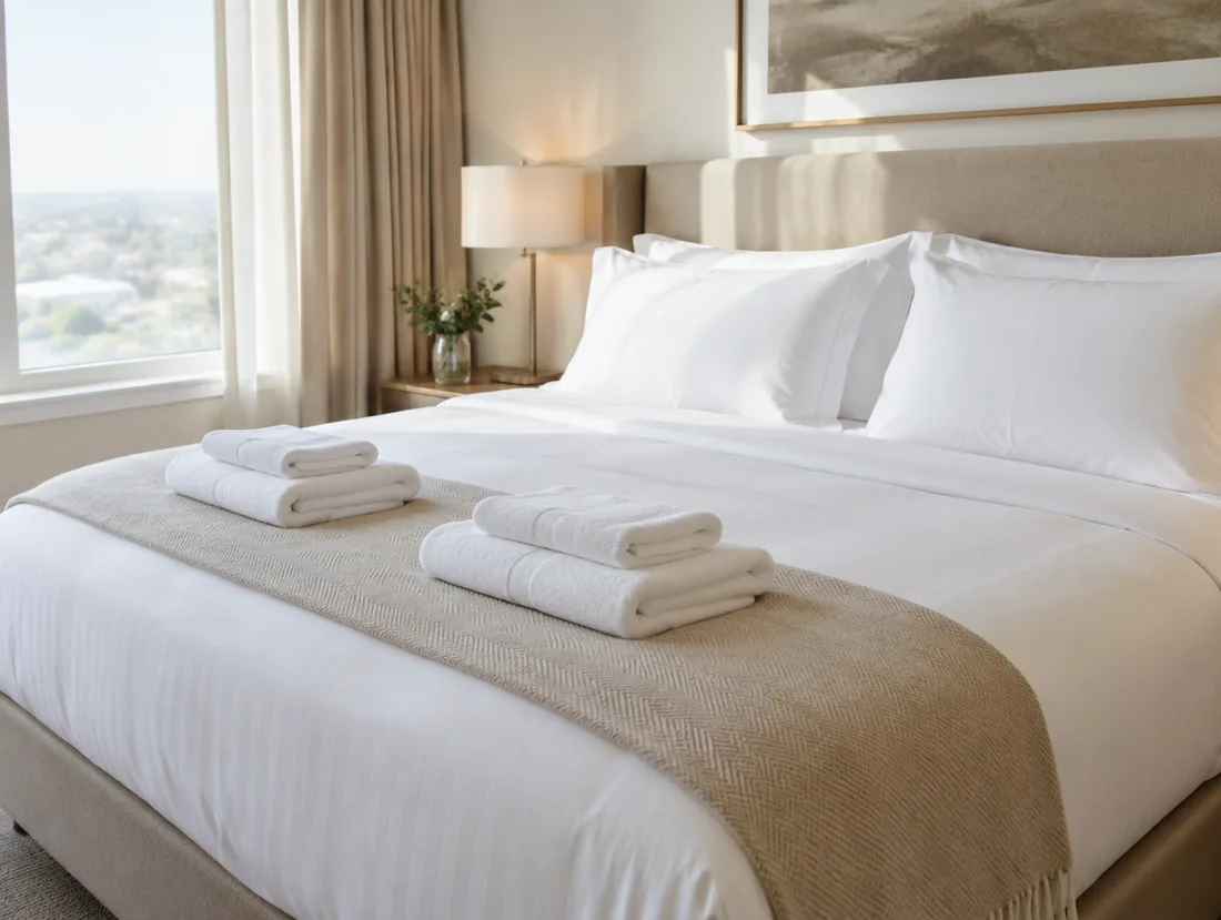 Hotellerie: Bettwäsche, Frottier und Bademäntel in gleichbleibendem Weiß. 15 Minuten zum Flughafen und zur Messe, auch für kurzfristige Nachlieferungen.